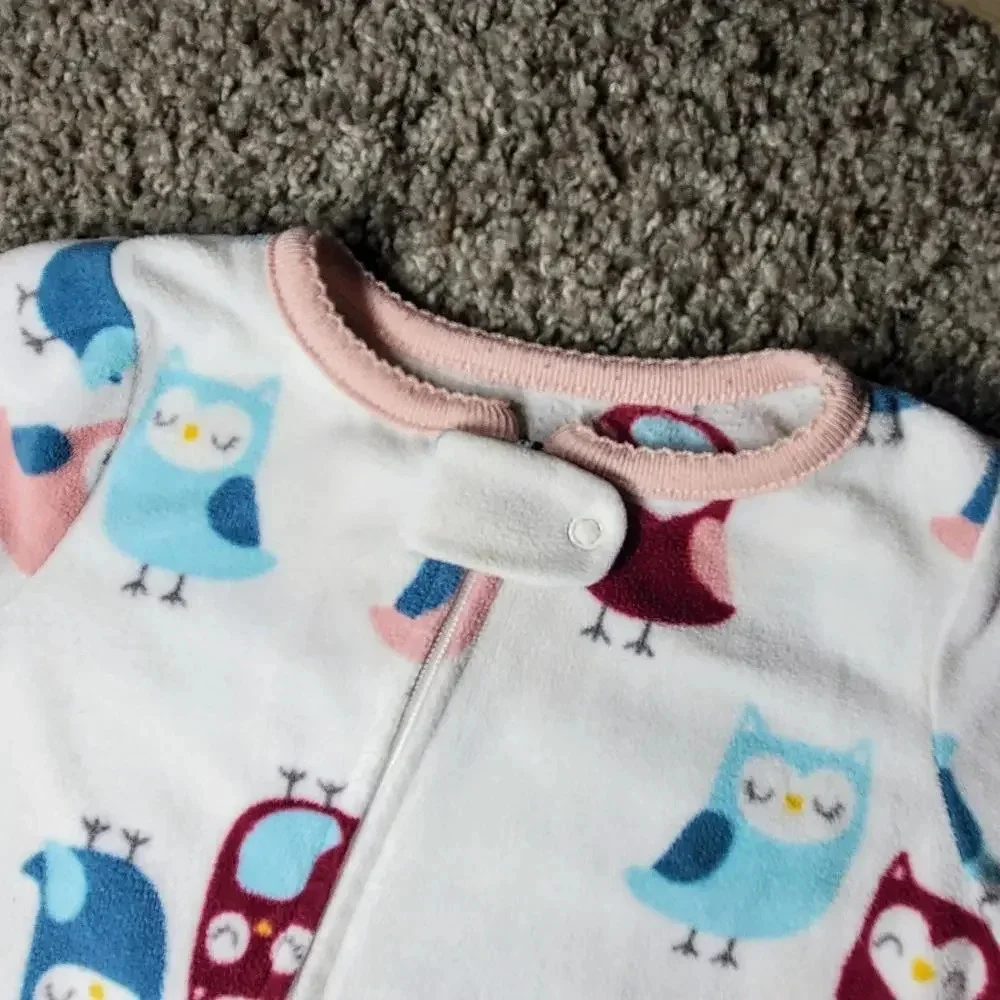 CARTER'S Baby Girl Owl Fleece Footed Pajamas White Pink Blue Size 6m